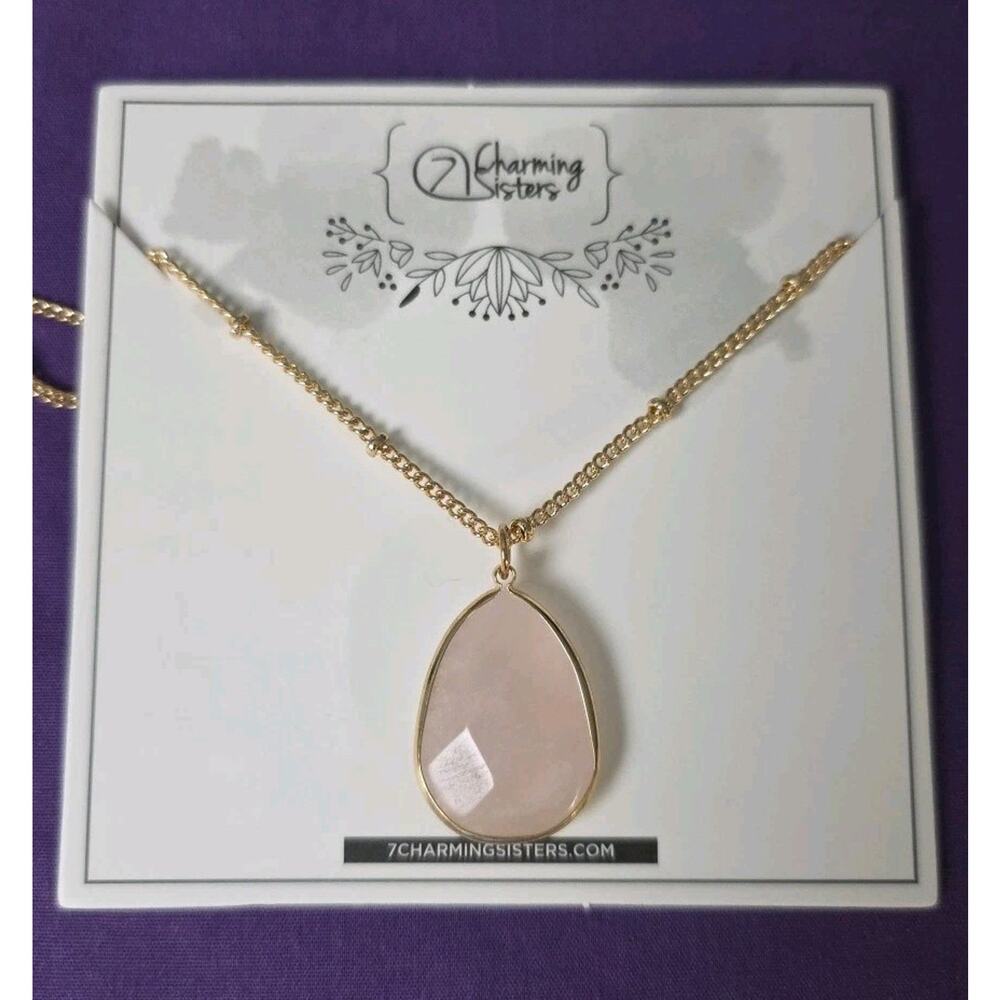 Rose Quartz Teardrop Pendant Necklace On Gold Tone Satellite Station Chain